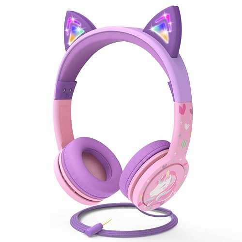 FosPower Trådbundna 3,5mm Barnhörlurar med LED Kattöron - Babyrosa | Kompatibel med iPad, Surfplatta, och Skola. On-Ear Hörlurar med Volymbegränsning 85dB för Flickor Pojkar, Lavendel