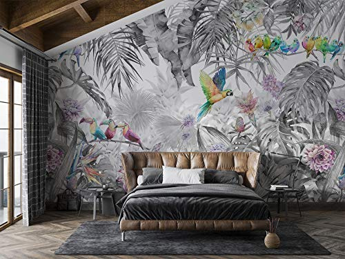 SILK ROAD EU Papier Peint Panoramique Jungle Soie, 355 x 250 cm, Poster Geant Mural Personnalisé 3D pour Salon Chambre Décoration Murale, Forêt Tropicale Perroquet Dos De Tortue Bambou Palmier Quitte