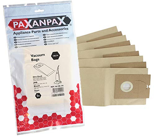 Paxanpax VB174 Compatible Paper Bags Dirt Devil Arion DD6060; Argos ProAction VC9330; JMB 800, 1200, 1400, U3000; Swan SU300H Series (Pack of 5)