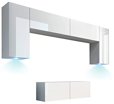 Furnitech Wohnwand Wohnzimmer | Wohnzimmer Möbel mit LED RGB - 16 Farben | Hängend Wohnwand Modern | Wohnzimmer Schrankwand mit Regale und TV Schrank (Future C2/HG/W2 1A)