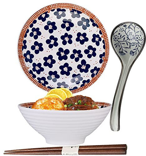 ZPPLD 1100ml Tazón Cerámica Ramen,Cuenco Japonés Cerámica Ramen,Ensaladera Cerámican,Ramen Bowl con cuchara Palillos,Tazones sopa Porcelana,Apto para lavavajillas y microondas (D)