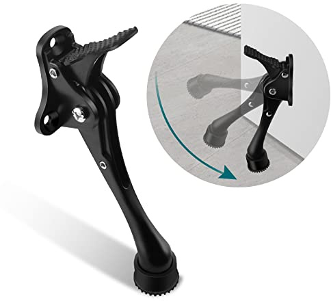TOKPLNU Kick Down Door Stop, 4 Inch Long Black Kick Down Door Stopper Heavy Duty Kick Down Door Stay Holder with Rubber Tip & Spring for Patio Outdoor Gate, Keep Door Open