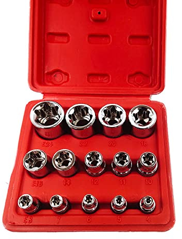 14Pcs Female E-Torx Star Socket Set, 1/4, 3/8, 1/2 in Drive,Female External Star Socket Set E4-E24 Torque Socket Set with Red Case