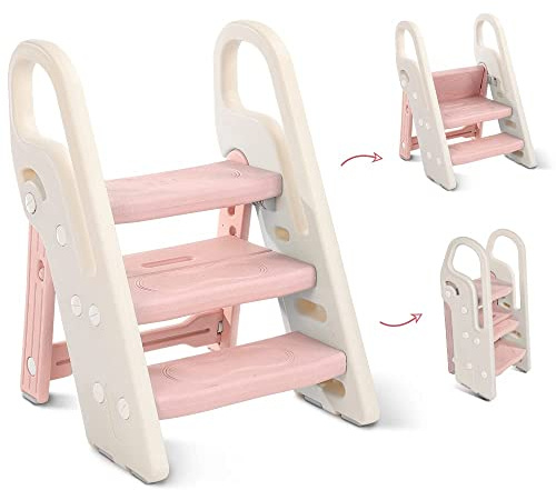 Onasti Marche Pied Pliable pour Enfant, Marchepied 3 Marches pour bébé, Marchepieds Hauteur réglable pour Chambre de bébé Rehausseur Stable, Multifonction et Antidérapant (Rose)