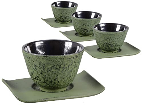 tea4chill Gusseisen Teetasse mit Untertasse Hako olivgrün 100ml. Traditionelle asiatische Gusseisen Teebecher im Set mit Untersetzer. Ideal Ergänzung für Gusseisen Teekanne.