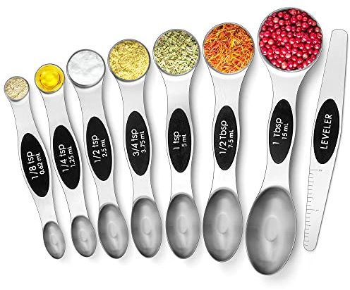 Urbanstrive 8 Pcs Upgraded Magnetic Measuring Spoons Set Stainless Steel Dual Sided for Liquid Dry Food Measuring Cups Spoons Set Fits in Spice Jar Kitchen Gadgets Including Leveler, Silver