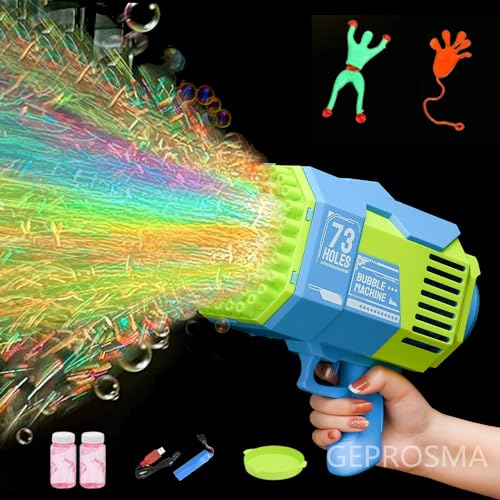 Seifenblasenmaschine für Kinder, Bazooka Seifenblasenpistole mit 73 Blasenlöchern und Lichtfunktion, wiederaufladbar, automatisch, elektrisch, für Kinder und Erwachsene, Hochzeit, Party
