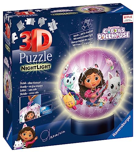 Ravensburger 3D Puzzle 11575 - Nachtlicht Puzzle-Ball Gabby's Dollhouse - für Gabby's Dollhouse Fans ab 6 Jahren, LED Nachttischlampe mit Klatsch-Schalter