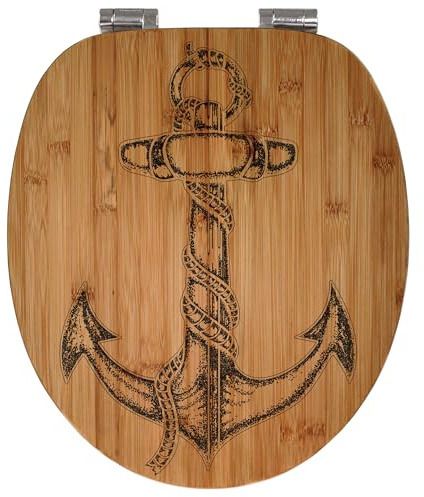 banjado® Hochwertig gravierter Design WC Sitz Bambus Absenkautomatik Anker/Toilettendeckel mit Absenkautomatik Holz/Bambus Klodeckel/WC-Sitz für alle gängigen Toiletten