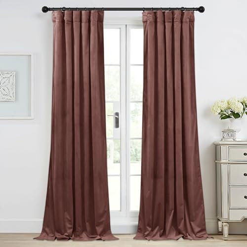 StangH 100% Blackout Wild Rose Velvet Curtains, Extra Long Sliding Door Panels 108 inches Long Two-Layer Thick Heavy Thermal Insulated Drapes for Living Room, W52xL108, 2 Panels