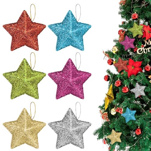 Christmas Tree Decorations, 12pcs Colorful Star Christmas Hanging Decorations Small Glitter Xmas Star Pendant Tree Ornament Hanging Stars for Xmas Party New Year Holiday Decor Y7WJXGJ