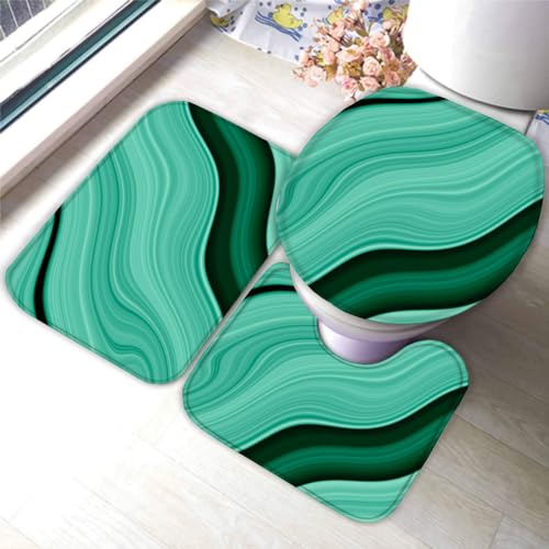 DEVOKE Badezimmerteppich-Set 3Teilig Marmor 3D Weichen Mikrofasern Grün Schwarz Saugfähige Teppich WC-Deckelbezug U-Förmige Matte Maschinenwaschbar für Badewanne Dusche 50X80