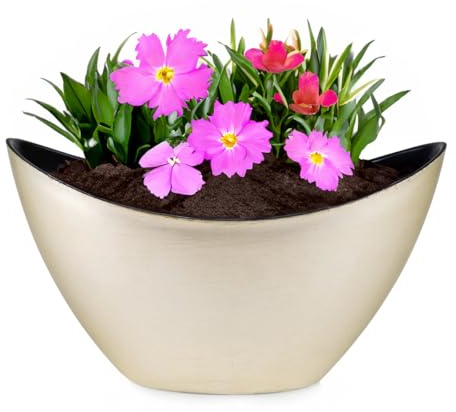 Ovale Pflanzschale für draußen in 20 x 9 x 12 cm - Hohe Vintage Schiff Deko-Schalen in champagner gold als Blumen-Topf Pflanztopf - Jardiniere für Garten Balkon oder Friedhof als Grab-Schmuck