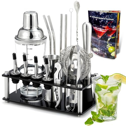 Cocktail Set 17 Teiliges mit Ständer und Rezeptbuch Cocktail Shaker Glas 400ml Barbesteck-Set Edelstahl Geeignet für Zuhause, Bar, Party, Neujahr und Geburtstagsgeschenke