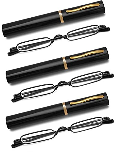 OWTXIS 3er-Pack Mini Schlanke Stift-Lesebrille - Kompakte Lesegeräte mit Stiftclip-Etui Federscharnier Metallrahmen Brillen