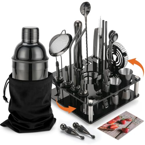 KINGROW Mixology Ensemble Shaker à Cocktail Complet de 29 pièces et Outils de Bar avec Support Rotatif en Acrylique, Ensemble de Bar Professionnel pour mélanger Les Boissons, Maison, Bar, fête (Noir)