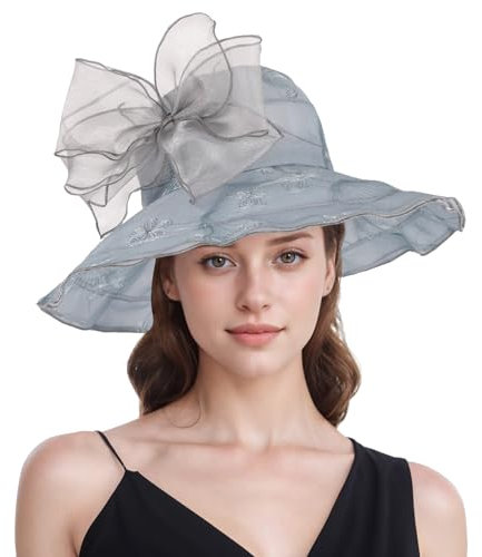 MK MATT KEELY Sonnenhut Damen Faltbarer Frauenorganza Hut Elegant Kirche Derby Fascinator mit Abnehmbarem Bowknot für Urlaub Hochzeit Kirche Party,B-Grau