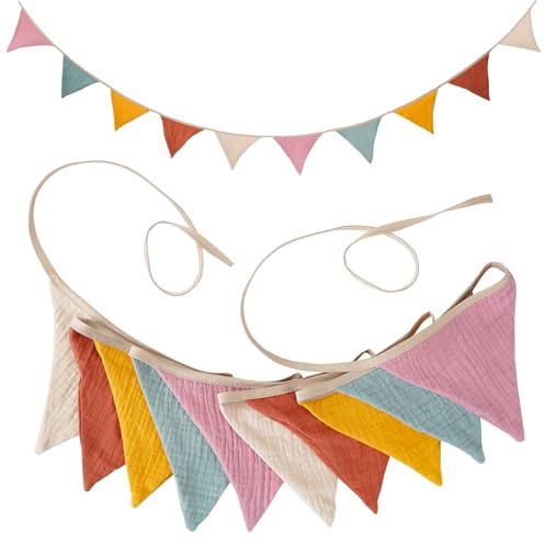 Kisvic Wimpelkette Stoff, Wimpelkette Kinderzimmer, Baumwolle Girlande Kinderzimmer Deko zum Aufhängen, Wanddeko Geschenk Babyzimmer Dekoration Mädchen & Jungen, 1Pcs Morandi Beige