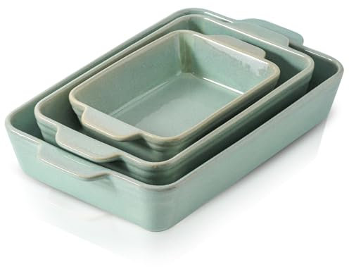 HVH Juego de 3 platos para hornear de 9 x 13 pulgadas, cacerolas grandes para horno, utensilios de cerámica para hornear, platos para cazuelas de 13 x 9 pulgadas, sartén rectangular profunda para