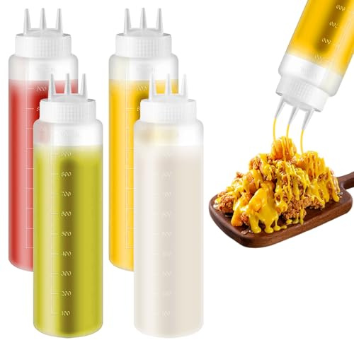 KUAOOAUK 4 transparente Plastik-Quetschflaschen mit Drehverschlussdeckeln | 800ml 3-Loch Düsen Kompakt,Platzsparend,Geeignet für Haushalt und Partysfür Ketchup Saucen Mayonnaise Senf Olivenöl Sirup