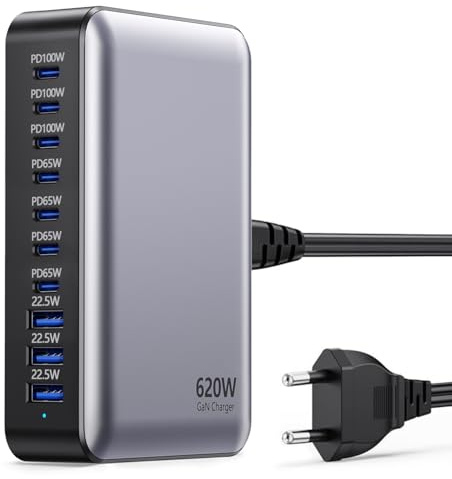 Chargeur USB C 620W, Chargeur USB Gan 10 Ports, Station de Charge Rapide Multi USB C pour Ordinateur Portable, Bloc d'alimentation PD Compatible avec iPhone/Samsung/Google/Laptop/MacBook Pro/Air.