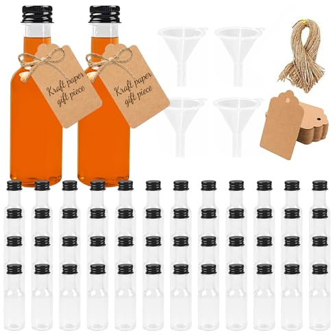 Forbabe 48 mini botellas de licor de 25 ml de plástico para rellenar con tapa negra y embudo, reutilizables, para rellenar aceites esenciales whisky