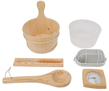 flexman 6 Pack Sauna Accessories Kit, Sauna Room 4L Wooden Bucket and Ladle Hygrothermograph Explosion Proof Lamp Hourglass Set with Liner for Bath SPA Swimming Pool