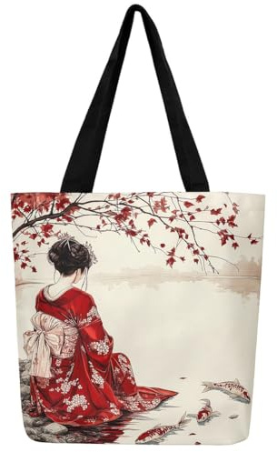Loussiesd Japan Geisha Leinwand Einkaufstasche Japanischer Stil Stoffbeutel Japanische Ukiyoe Stofftasche Traditionelle Retro Thema Einkaufsbeutel Exotische Orientalische Tragetasche
