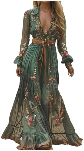 Summer Women's Vintage Western V-Neck Casual Loose Long Sleeve Rustic Style Flowing Maxi Dress with Country Flower Lace A-Line Swing Ruffle