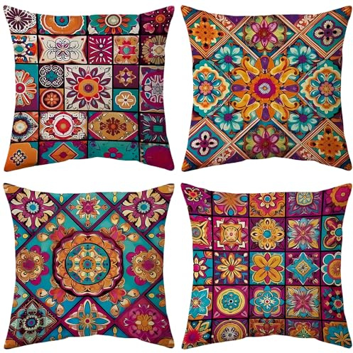 ZHAOMIMI 4er Set Dekorativ Kissenhülle Baumwolle Kissenbezug Doppelseitiges Muster Dekokissen Sofakissen für Couch, Auto, Schlafzimmer 45x45 cm (Farbig Datura Bohemie)
