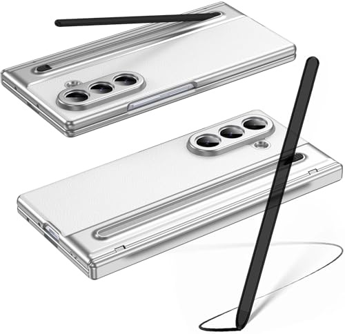 Hülle für Galaxy Z Fold7 mit Stylus Pen, Z Fold 7 Cover mit Displayschutzfolie vorne + S Pen-Steckplatz, Lederhülle für Samsung Galaxy Z Fold7 mit Scharnierschutz-Weiß
