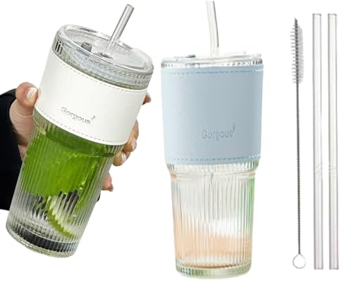 CNKHDZ 2 Styck 600ml Vattenglas med lock och halm och pensel, 600 ml juice kopp matcha-glas, iced kaffeglas, smoothie-bägare, lufttät vattentät design, kaffemugg, resemugg, iskaffeeglas
