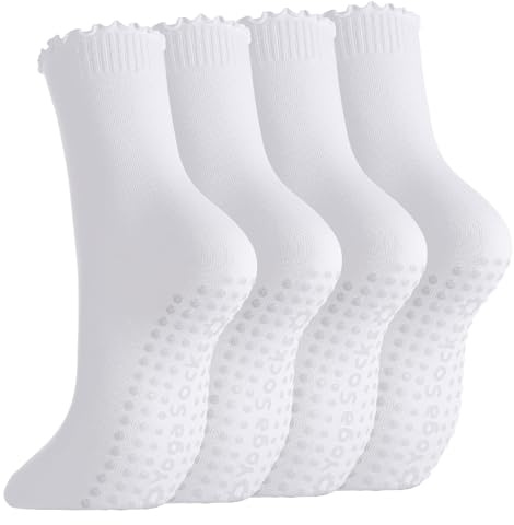 Zuimei 4 Pairs Yoga Grip Socks Women, Non Slip Pilates Socks Ruffle Anti-Slip Grippy Sock for Pilates Yoga Ballet Dance Gym Workout, White
