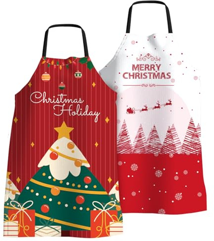 2 Pezzi Grembiuli Natalizi Divertenti per Uomo Donna, Idee Regalo di Natale | Grembiule da Cucina Regolabile con Lacci Lunghi, Impermeabile e Natalizio, per Cuoco, Barbecue, Feste di Natale e Festività