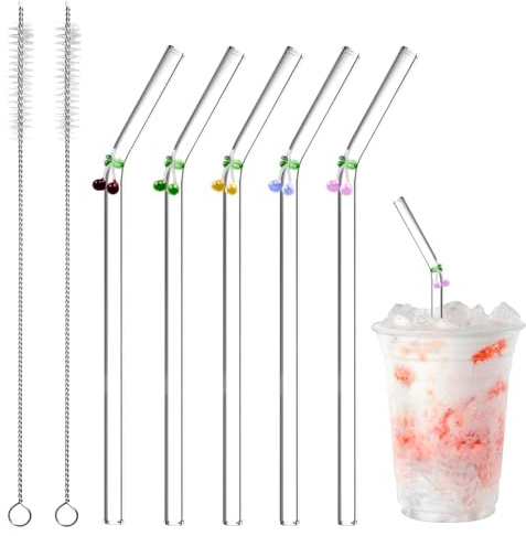 FORYNXHWIN 5 Stück Glasstrohhalme Glas Wiederverwendbar Trinkhalme, Trinkhalme Glas Gebogen mit Reinigungsbürsten für Säfte, Cocktails, Smoothie, Kaffee, Milch (Kirsche)