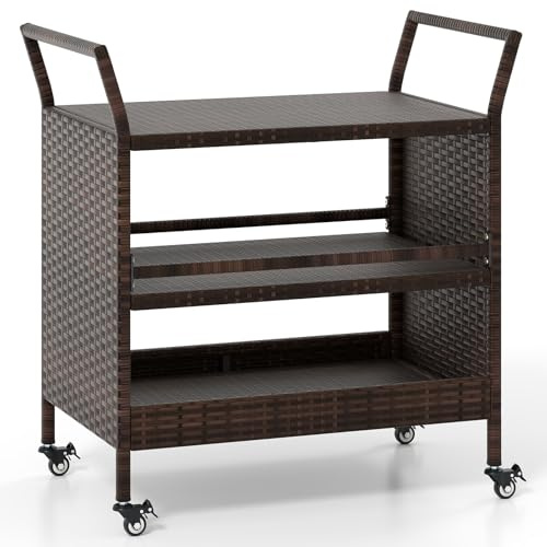 TANGZON Outdoor Bar Serving Cart, 3-Tier Rattan Rolling Cart with 4 Lockable Wheels & 2 Side Handles, Bar Trolley Utility Storage Shelves for Garden Balcony Backyard Poolside (Mix Brown)