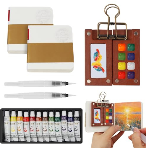 7PCS Tragbares Mini Aquarell Set für Reisen Outdoor Skizze, Pocket Aquarell | 12 Farben mit Skizzenbuch, Paletten, Stiften & Clip, Portable Watercolor Palette für Künstler Anfänger