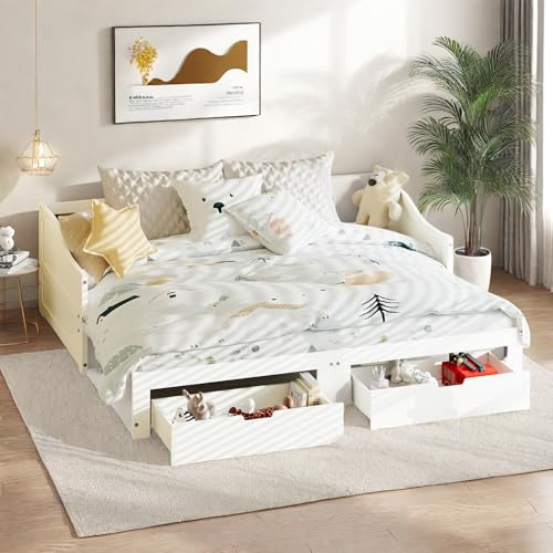 Schlafsofa 90/180x200cm, Ausziehbett mit 2 Schubladen, 2-Sitzer Sofa mit Schlaffunktion, Sofabett Ausziehbar zum Doppelbett, Funktionsbett, Gästebett klappbar, Mit Lattenrost, Massivholz (Weiß)