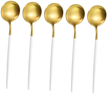 ZUNOXAZ Lot De 5 Petites Cuillères Rondes à Soupe En Acier Inoxydable Blanc Platine, Légères Et Portables, Adaptées à La Cuisine Occidentale Et Au Service De Boissons