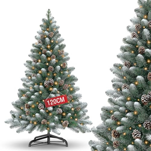 120cm Weihnachtsbaum Künstlich PVC mit Schnee-Effekt、Kiefernzapfen und Beleuchtung，Tannenbaum Künstlich mit Metallständer、Schnellaufbau Klappsystem，Nordmanntanne,Schwer Entflammbarer Christbaum