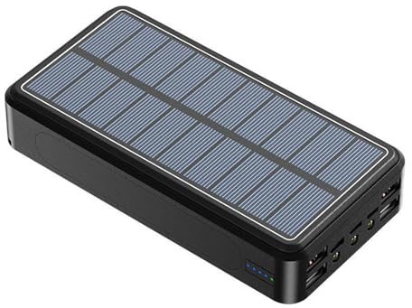 Chargeur Solaire sans Fil 100 000 mAh avec 5 Sorties, 4 entrées et Lampe de Poche LED, Charge Rapide, Batterie Externe, Noir