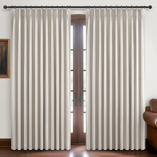 Curtains 100 Inch Length Wide Pinch Pleated Blackout for Sliding Glass Door, Farmhouse Natural Linen Thick Thermal for Summer Heat/Sound Noise Reducing Heavy Large Window Drapes (100Wx102Lx2Panels)