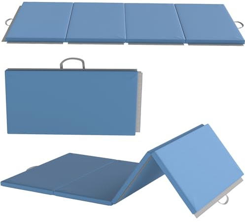 HOMCOM Tapis de Gymnastique Pliable Épais Bleu Clair | avec Poignée, Tapis de Sol pour Yoga, MMA, Sport, Fitness, Pilates, Revêtement Synthétique
