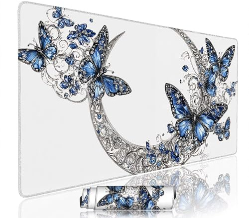 Tapis de Souris Blanc sous Main Bureau Tapis de Souris Gaming XXL 1200x600x3mm Mouse Pad Caoutchouc Papillon Grand sous Main Gamer Accessoires PC Imperméable, pour Clavier Ordinateur Portable w-6347