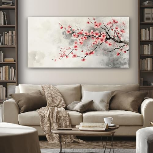 Grand Japonais Fleur de Cerisier Tableau Decoration Murale Salon Aquarelle Branche Impression sur Toile 70x140 cm Peinture sur Toile Sans Cadre pour Chambre Cuisine Bureau Horizontal Poster Mural