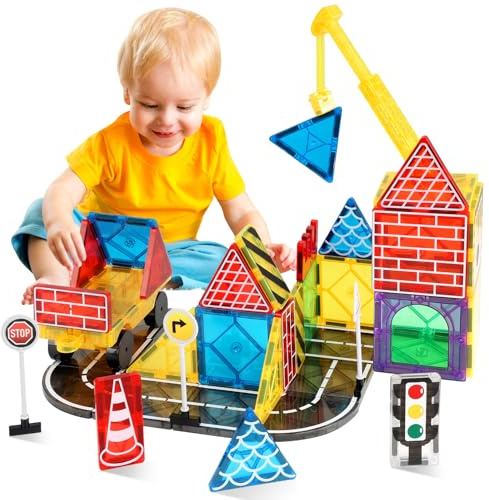 Mauikay Magnetic Tiles Road Set with Extendable Crane for Kids 3-8