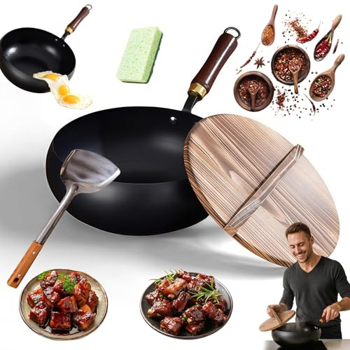 Yagerod Schwere Gusseisen-Bräter Unbeschichtet, Handgeschmiedet Eisenpfanne mit Deckel, 20/24/26/28/30cm Unbeschichteter Eisentopf, Gleichmäßiges Kochen, Gesundheitsförderndes Kochen(B,20cm)