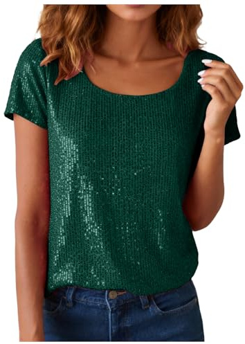 Glitzer T-Shirt Damen Pailletten Oberteil Bluse Modisches Kurzarm Glitzer Tops Rundhals Tunika T-Shirt Tops Freizeit Party Festival Club Bluse Top Karneval Kleidung Streetwear