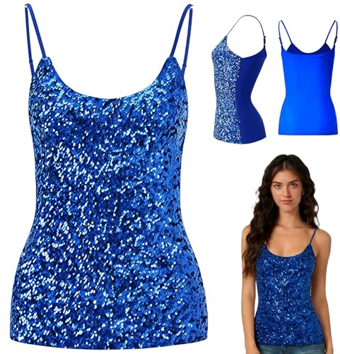 MUNSKT Top Donna con Paillettes per Festa, Top con Spalline Regolabili da Giornaliero, Top Senza Maniche, Top da Sera, Top da Scena, Top da Performance, Top da Costume per Festa in Discoteca, Blu