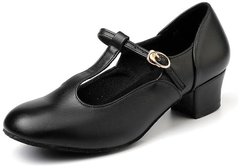 Sekiueo Damskor för ballroomdans T-remmar latin tango salsa karaktärsskor stängd tå grov klack,Black,42 EU